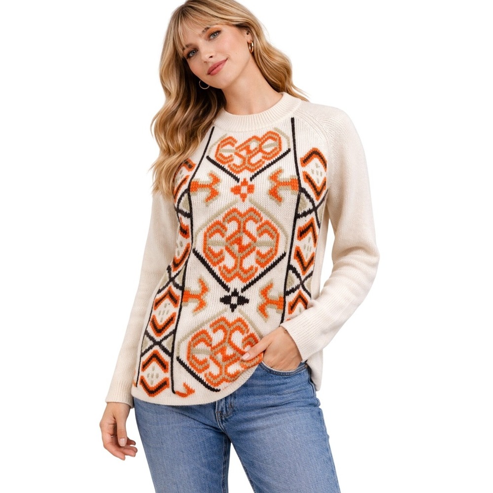 Miss Holly Vintage Geometric Intarsia Knit Sweater‎ Cream Orange Black Size M